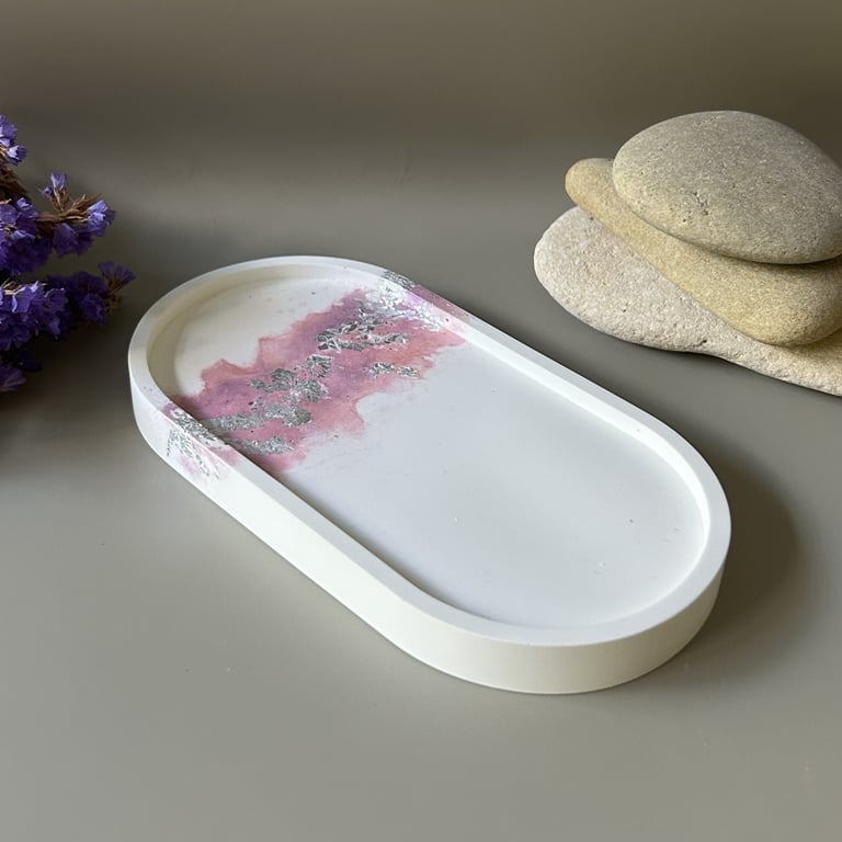 White Oval Shaped Tray with Silver Leaf and Rose Quartz