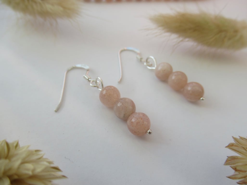 Beaded peach-sunstone dangle earrings