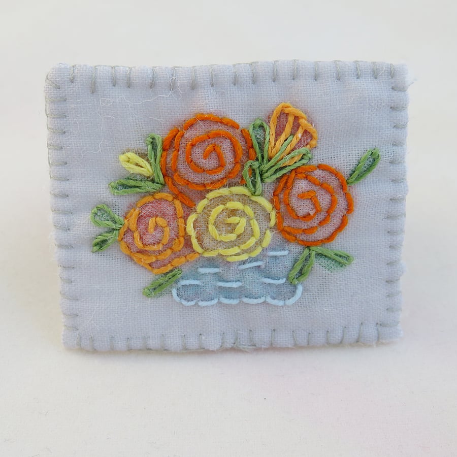 Brooch - Rose Bowl Embroidered and painted