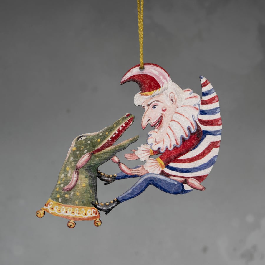 Punch with a crocodile wooden hanging ornament, double sided
