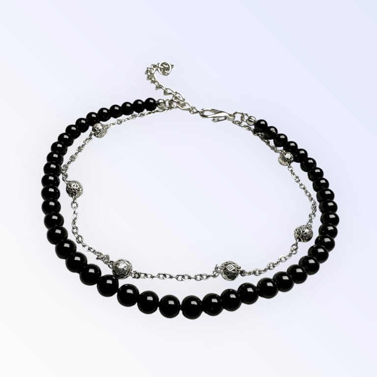 Black Onyx Beaded Bracelet: Silver Lava Stone, Double Layer Chain