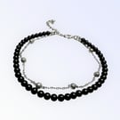 Black Onyx Beaded Bracelet: Silver Lava Stone, Double Layer Chain