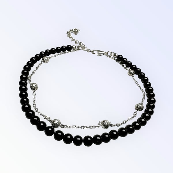 Black Onyx Beaded Bracelet: Silver Lava Stone, Double Layer Chain