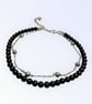 Black Onyx Beaded Bracelet: Silver Lava Stone, Double Layer Chain