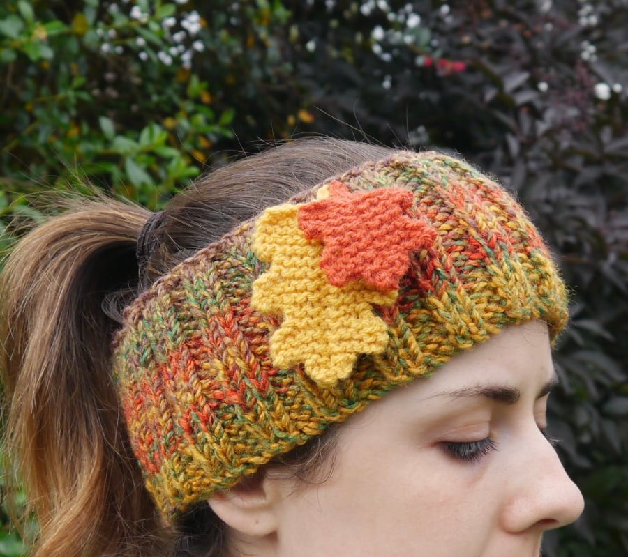 Hand Knitted Headband with Oak Leaves, Autumn Ear Warmers