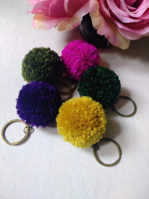 Wool Pompom Keyring, 5cm, Fluffy Pompom Plush Keychain, Stocking Filler.
