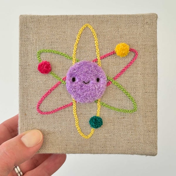 Happy Atom - Original Punch Needle Art, Original Textile Art