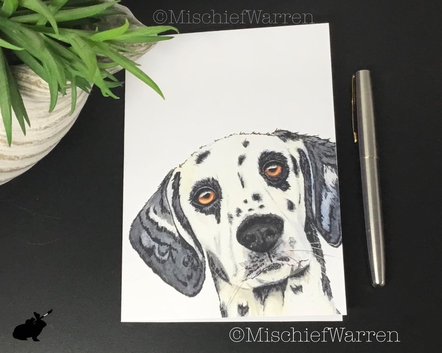 Dalmatian Dog Art Card. Black Dalmatian card. Blank or personalised.