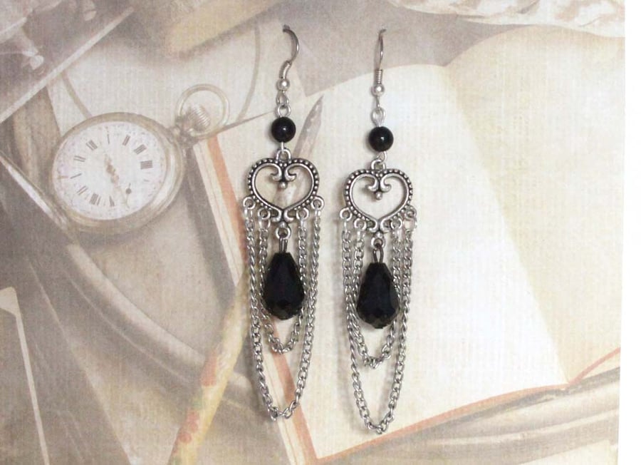 Steampunk Vintage Chandelier Heart Dangle Hook Silver Earrings