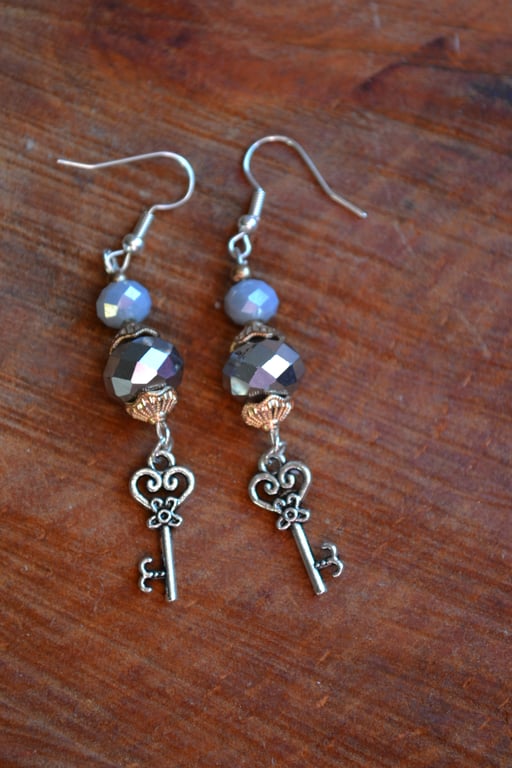 Steampunk earrings keys and crystals 