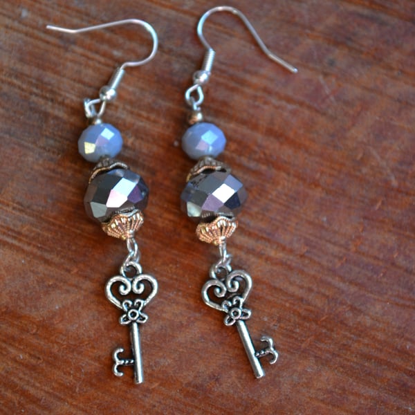 Steampunk earrings keys and crystals 