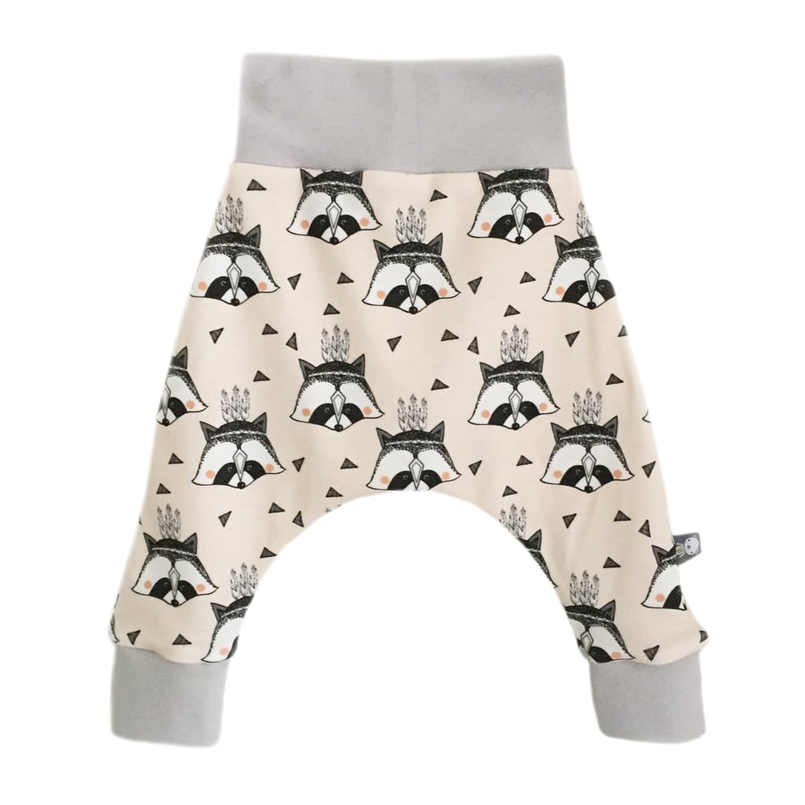 ORGANIC Baby HAREM PANTS Relaxed Trousers RACCOONS on Peach New Baby Gift Idea
