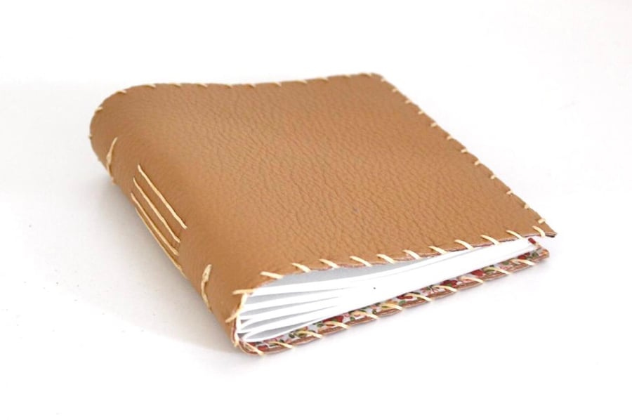 Small Beige Handmade Leather notebook Floral Fabric Lining recycled Paper