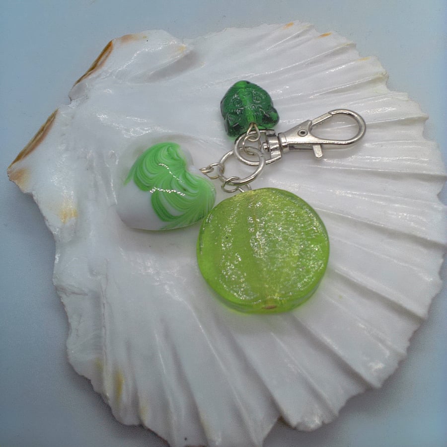 Green Cat Coin Bead and Ceramic Heart Bag Charm, End of Term Gift, Gift for Her