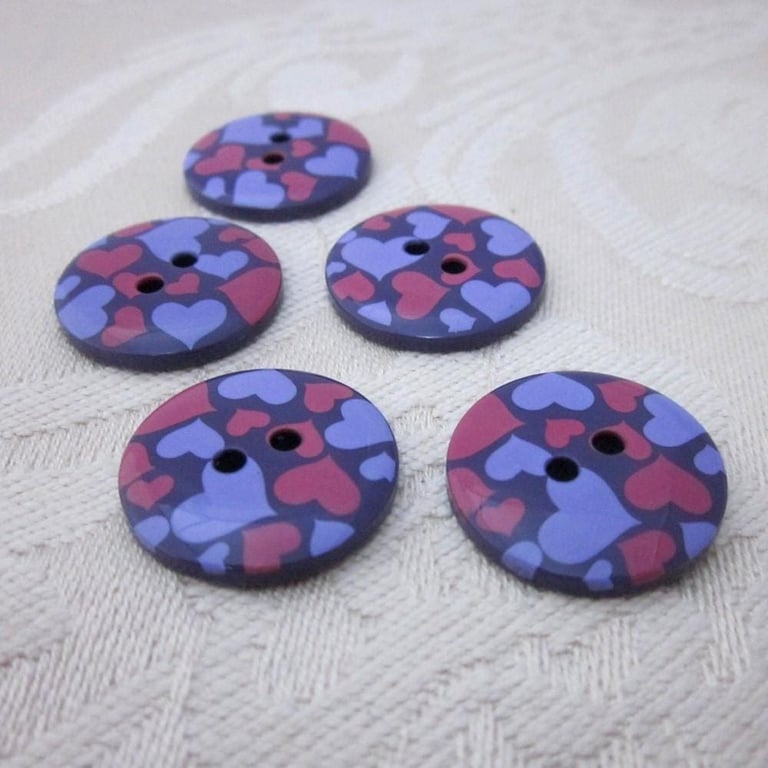5 Purple Hearts Pattern Buttons