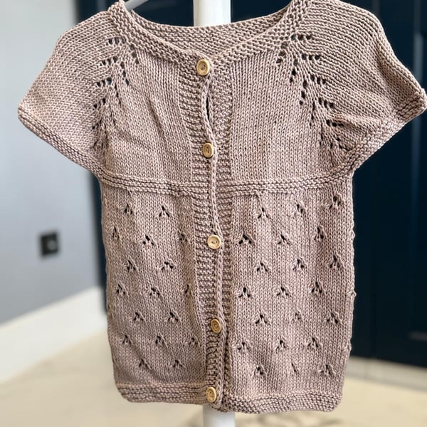 Hand-Knitted Baby Sleeveless Vest Eyelet Lace – Taupe Mink (12-18m)
