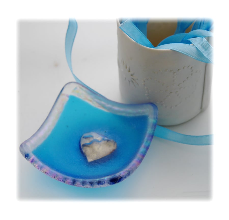 Earring Ring Dish Fused Glass 7cm Aqua Deep Heart Dichroic