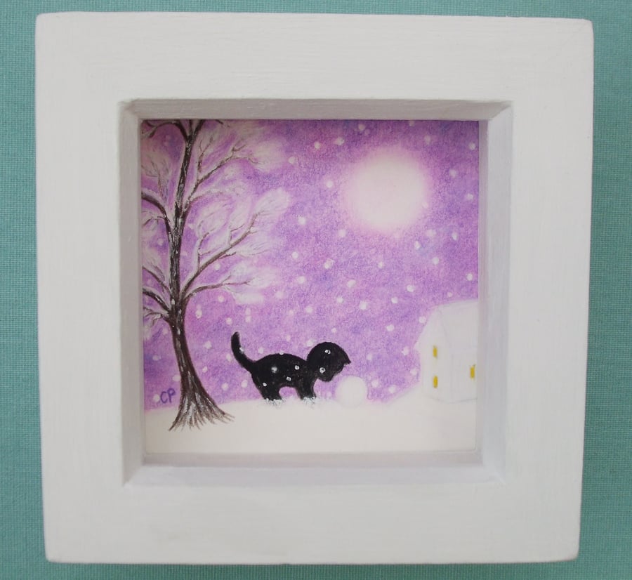 Cat Christmas Picture, Framed Snow Art Print, Kitten Daughter Gift, Black Cat