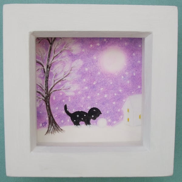 Cat Christmas Picture, Framed Snow Art Print, Kitten Daughter Gift, Black Cat