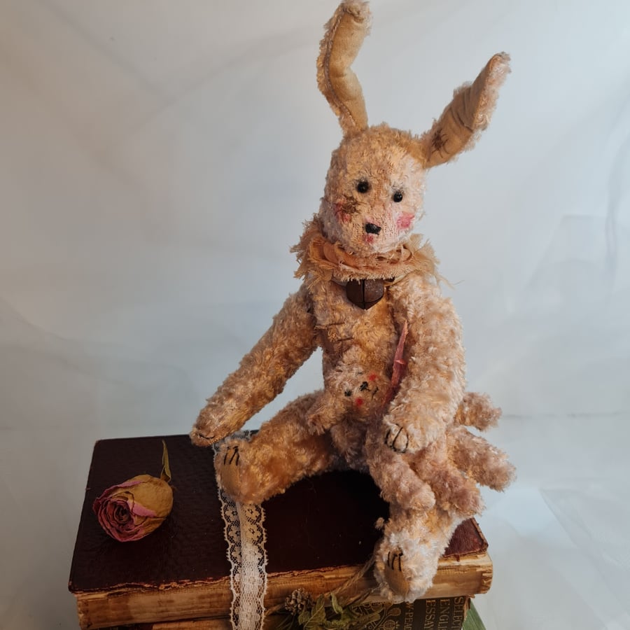 Handmade collectable rabbit with tiny teddy