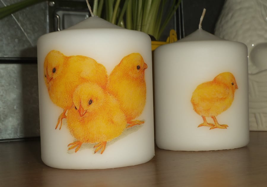 Decorated candle Easter Spring chicks napkin decoupage Group of Baby Chicks