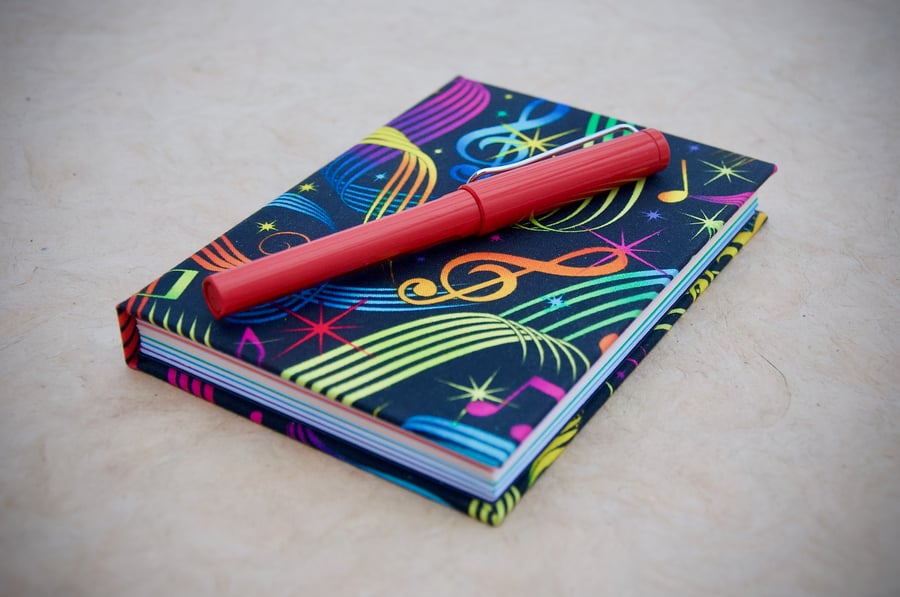 A6 Hardback Lined Notebook with full cloth colourful music cover