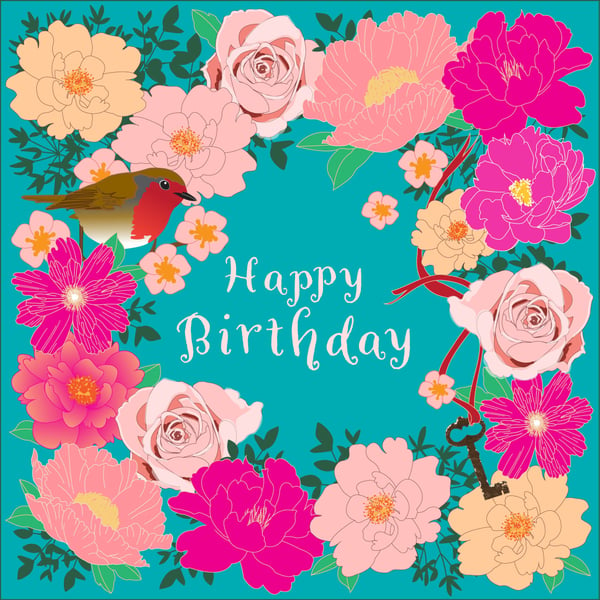 Handmade Floral Birthday Card with Robin - Folksy