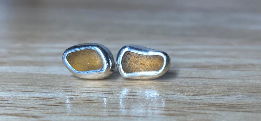 Medium Handmade Welsh Amber Sea Glass & Silver Stud Earrings