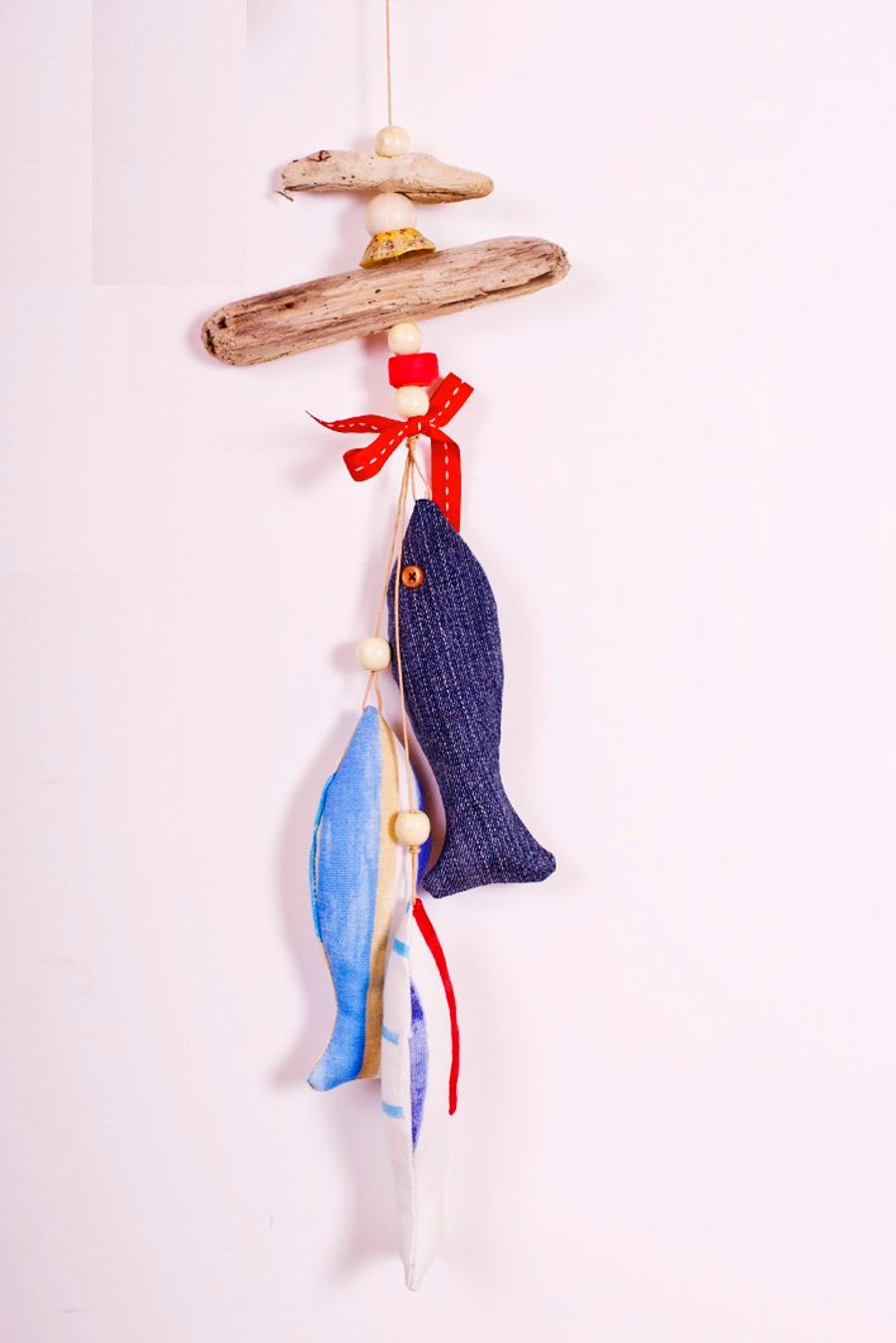 Cornish Driftwood and Upcycled Denim Fish Hanging - Red Accents