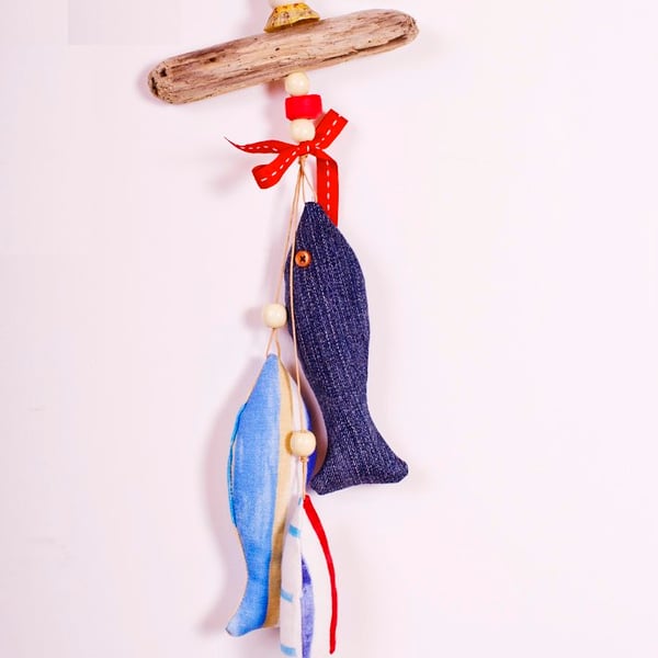 Cornish Driftwood and Upcycled Denim Fish Hanging - Red Accents