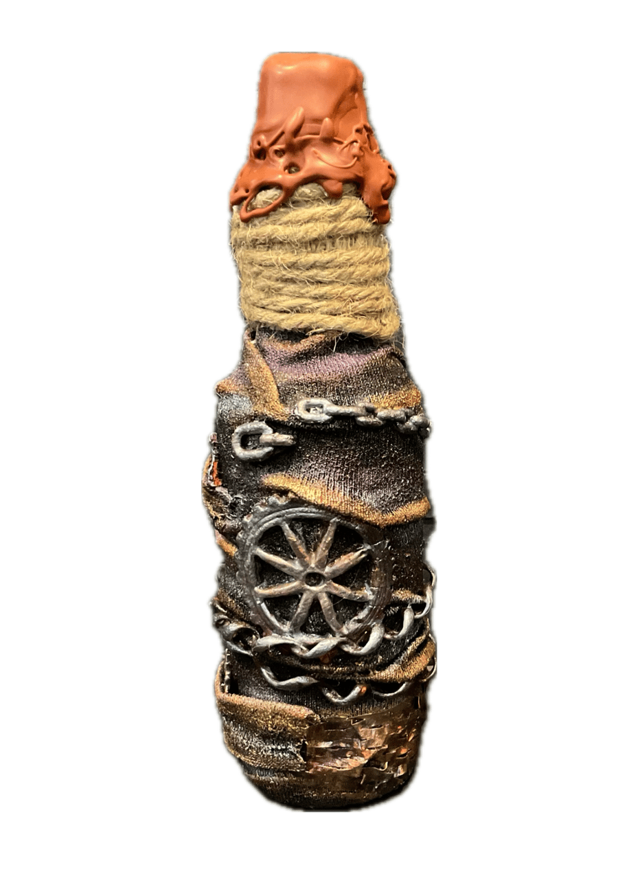 Up cycled decorative steam punk themed bottle 