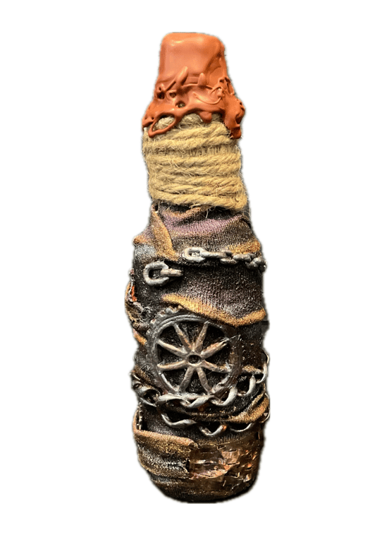 Up cycled decorative steam punk themed bottle 