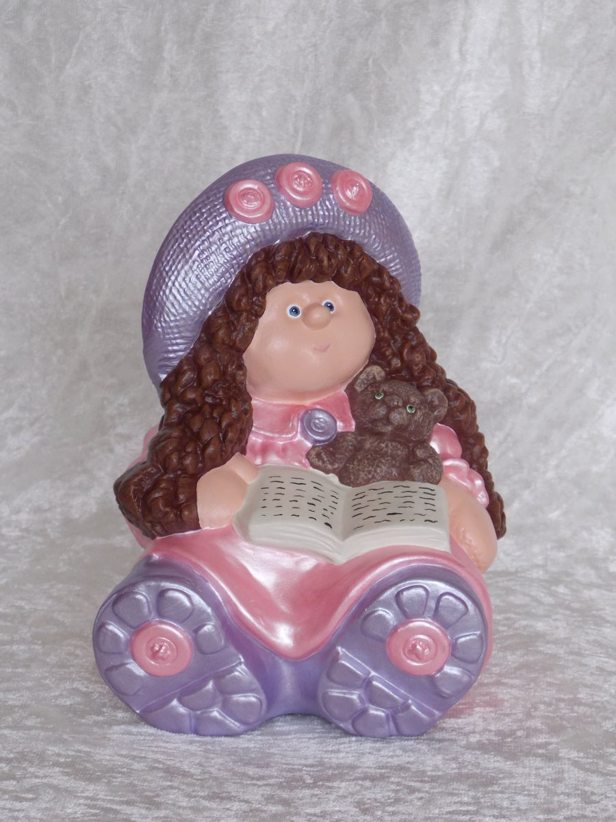 Hand Painted Ceramic Pink Lilac Rag Doll Money Box Saving Bank.