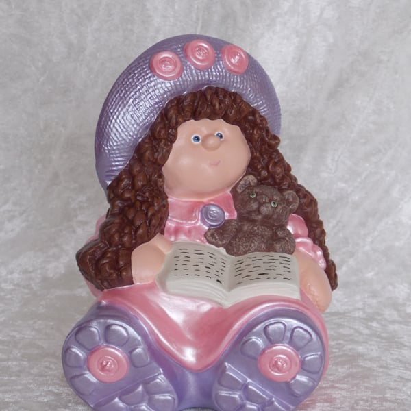 Hand Painted Ceramic Button Buddy Pink Lilac Ragdoll Teddy Bear Book Money Box.