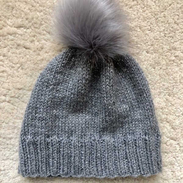 Hand Knitted Hat 16 - Medium in Grey yarn with silver thread