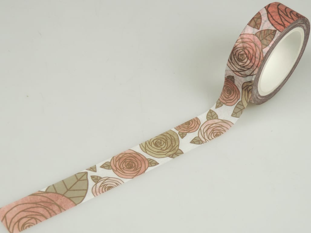 Rose 15mm Washi Tape, Stylised Rose Decorative Tape, Cards, Journals, Crafts