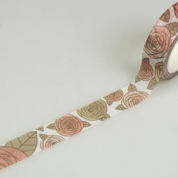 Rose 15mm Washi Tape, Stylised Rose Decorative Tape, Cards, Journals, Crafts