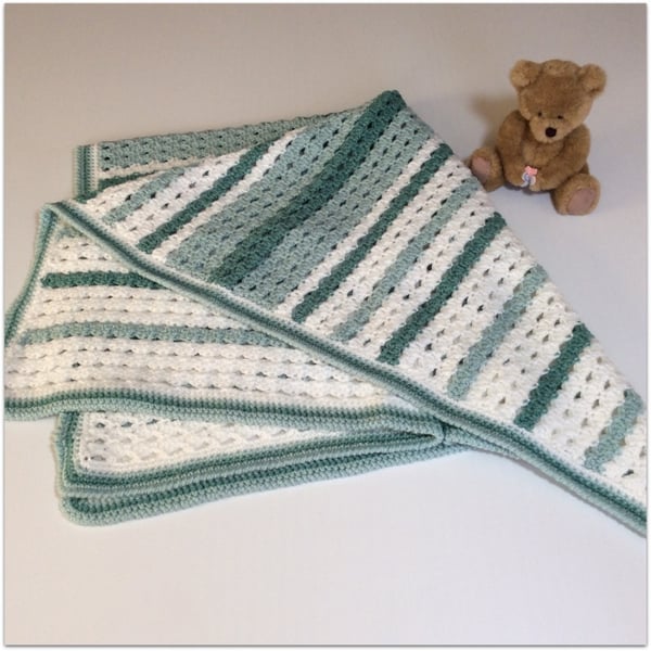 Crochet Baby Blanket in White and shades of green