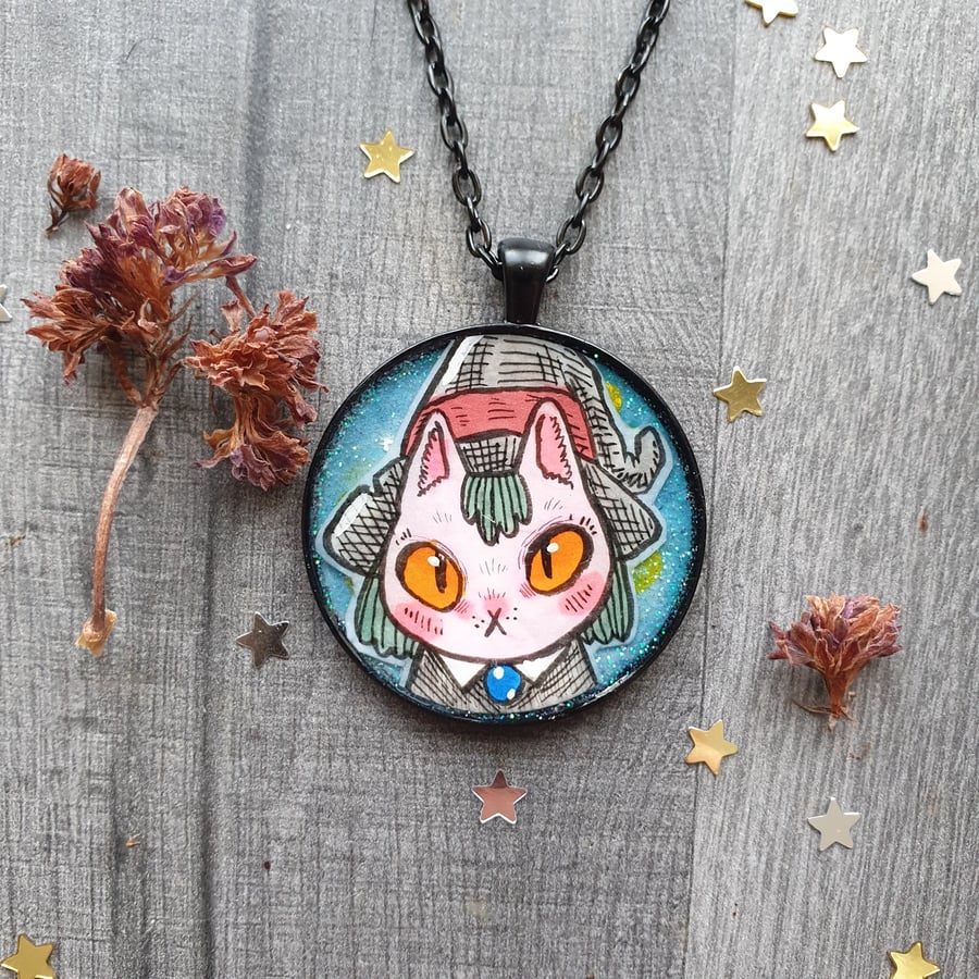 Hand Drawn Cat Witch Necklace