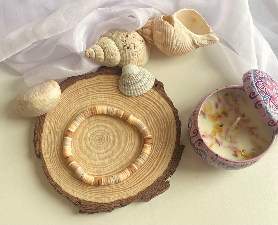 Handmade Clay Bead Stretch Bracelet Neutral Isola Charms