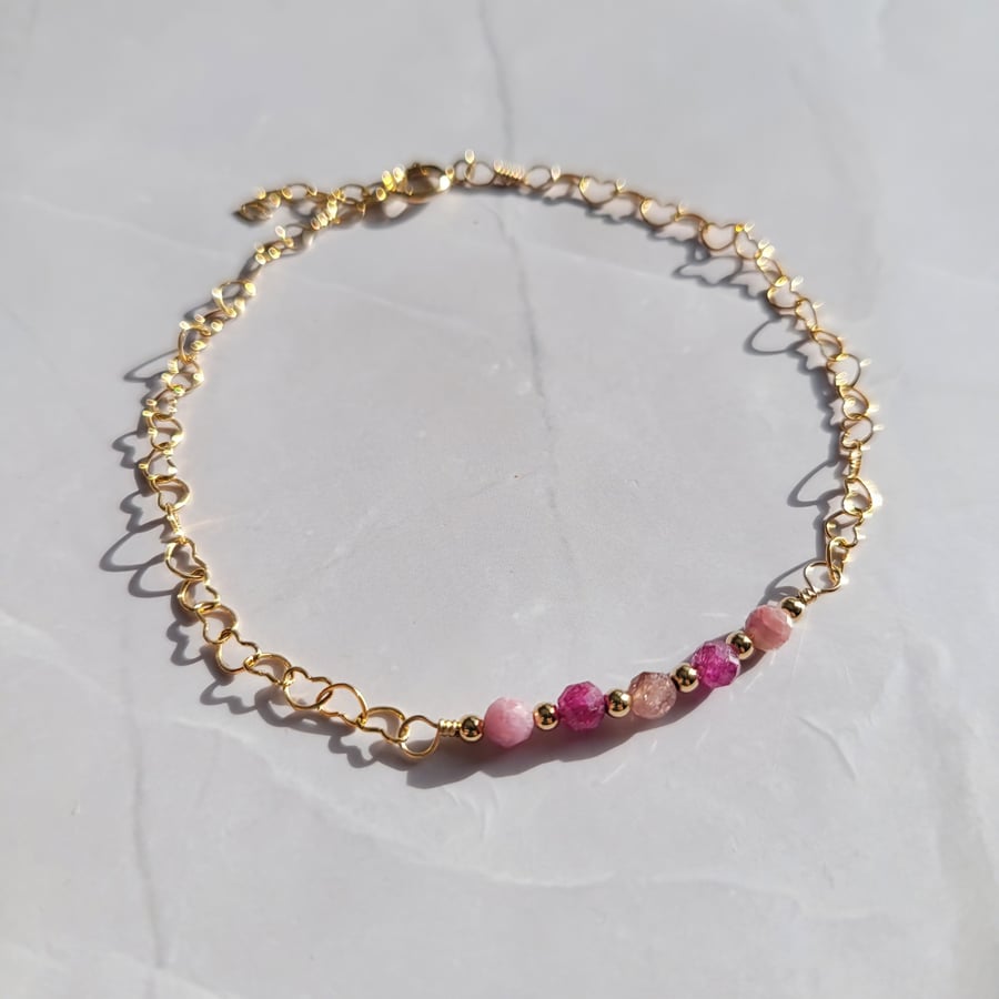 Heart Chain Bracelet with Ruby and Pink Tourmaline, 14kt Gold Filled