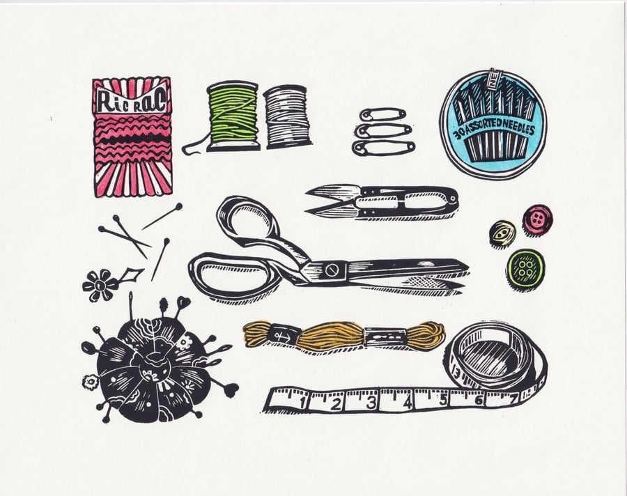Sewing Bee Lino Print - Colour