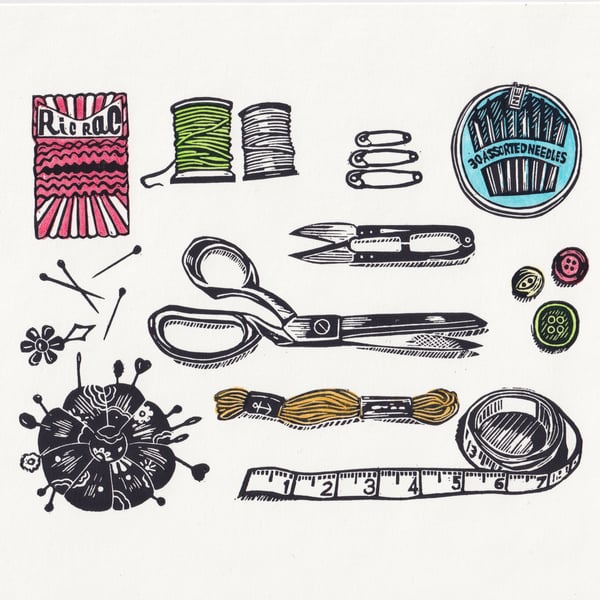 Sewing Bee Lino Print - Colour