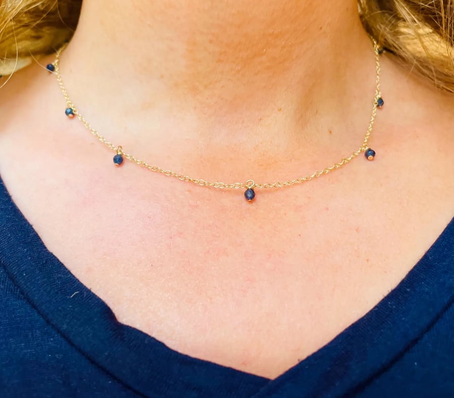9ct gold Necklace with small faceted sapphire charms