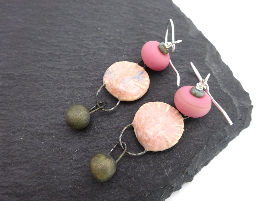 sterling silver earrings, pink lampwork glass and ceramic