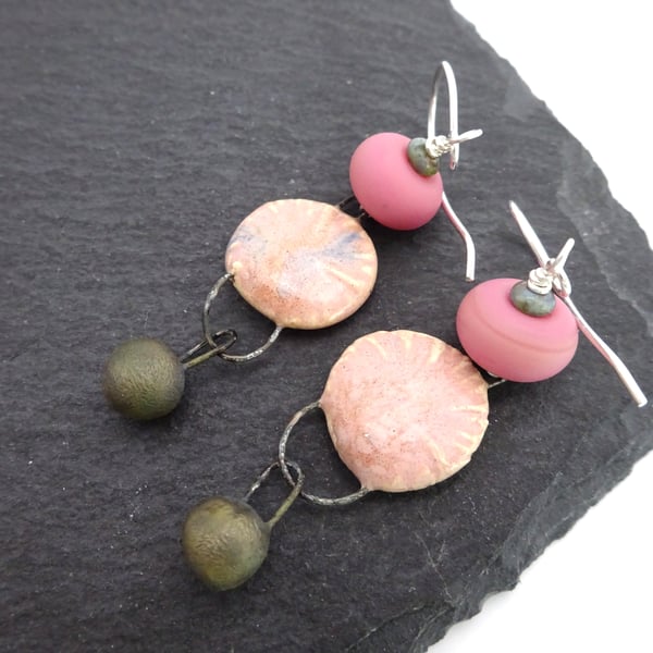 sterling silver earrings, pink lampwork glass and ceramic