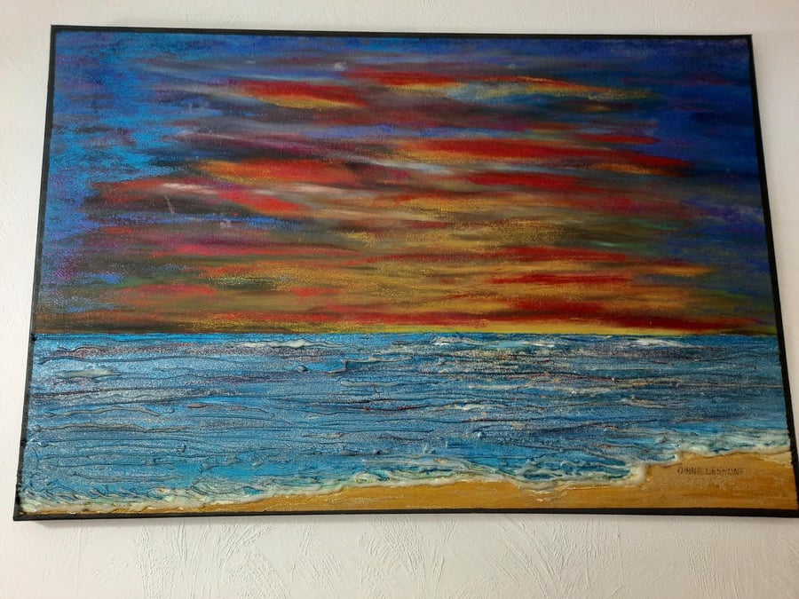 Shimmering Sea Scape Mixed Media Painting on box canvas signed