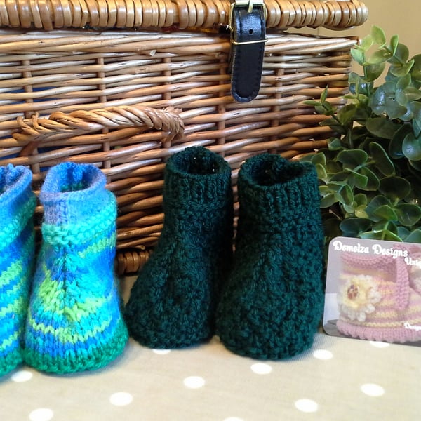 Hand Knitted Baby Boy's 2 Pair Pack Booties-Slippers  3-9 mths (HELP A CHARITY)