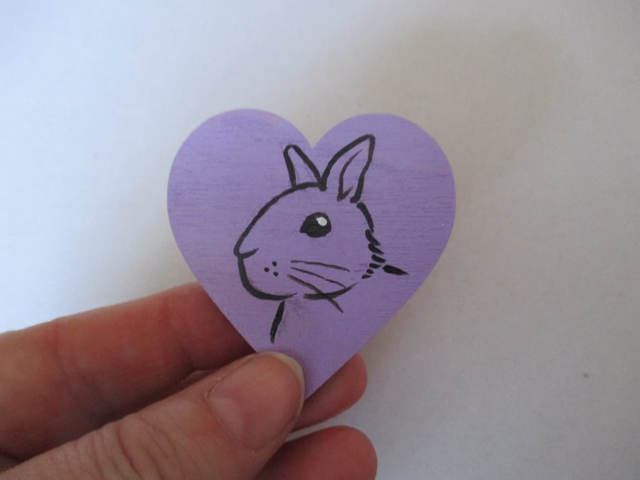 Fridge Magnet Bunny Rabbit Love Heart  Original Painting Wooden Heart Lilac