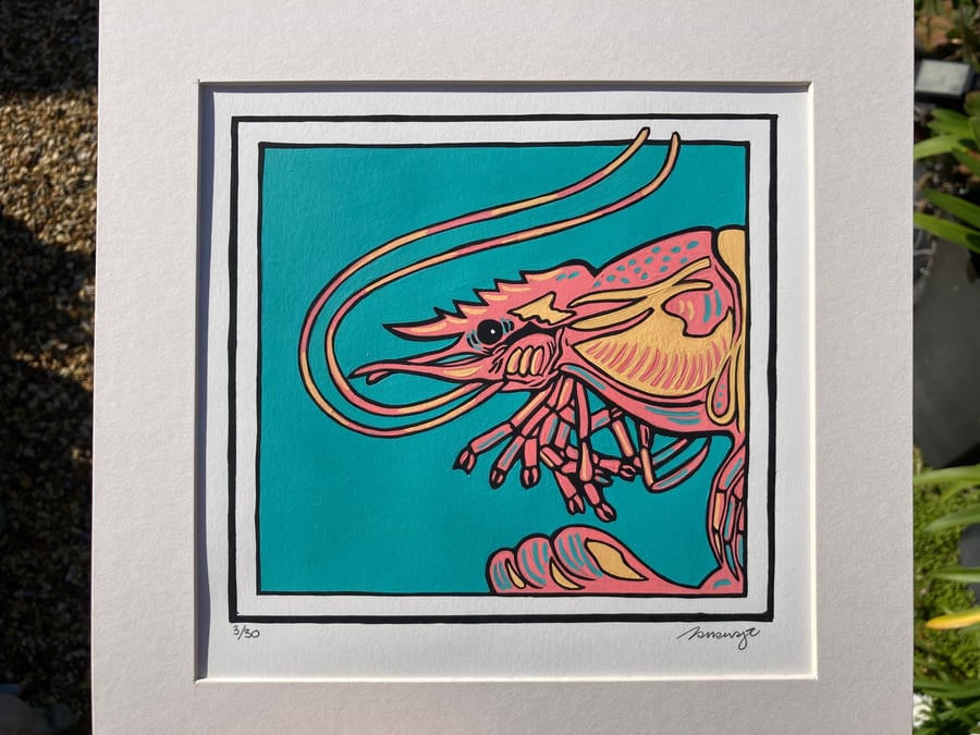 Big Shrimp - Seaside Painted Lino Print - Sealife - Seafood - Painting